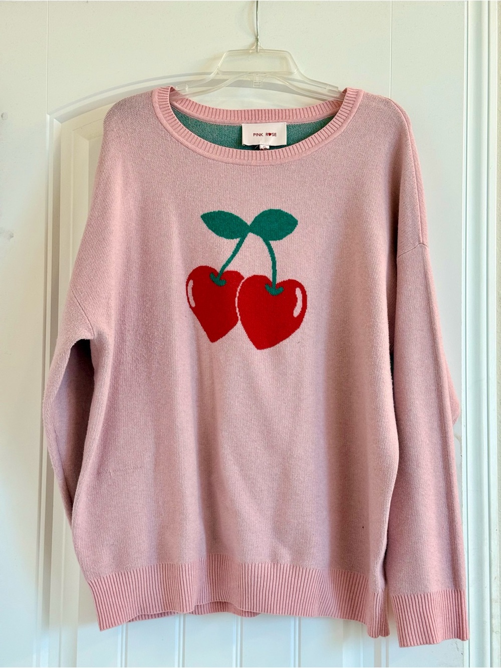 Pink Rose Pink Crewneck Sweater with Red Cherry Motif